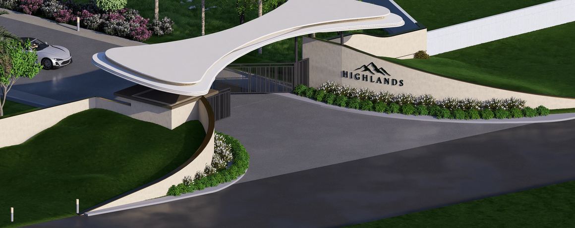 Radiance Highlands – entrance arch and approach road, aerial view (artist's impression)