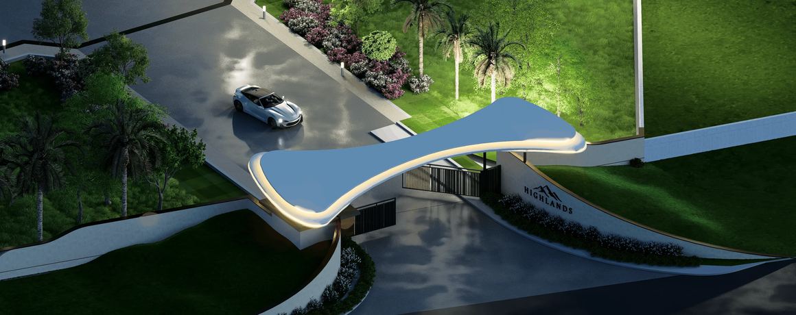 Radiance Highlands – entrance arch at night, aerial view (artist's impression)