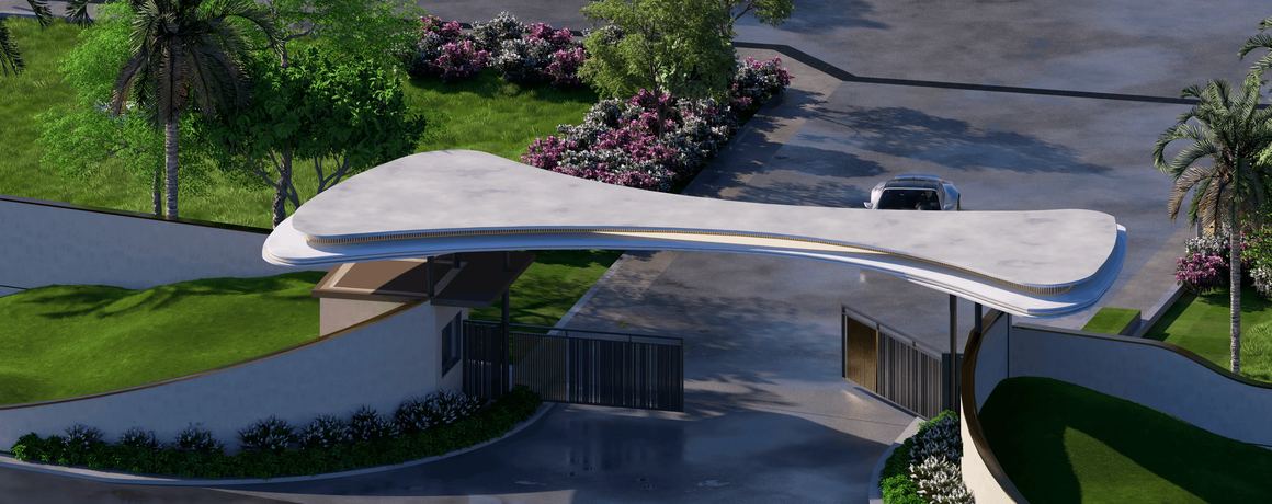 Radiance Highlands – entrance canopy and gate, aerial view (artist's impression)