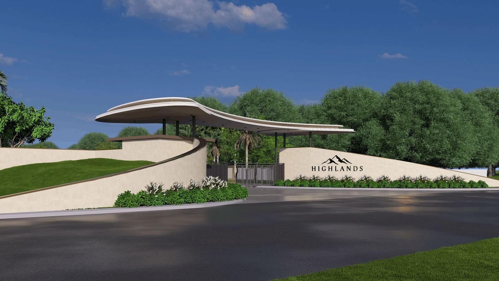 Radiance Highlands villa plots near Mahindra World City – entrance arch with Highlands signage (artist's impression)